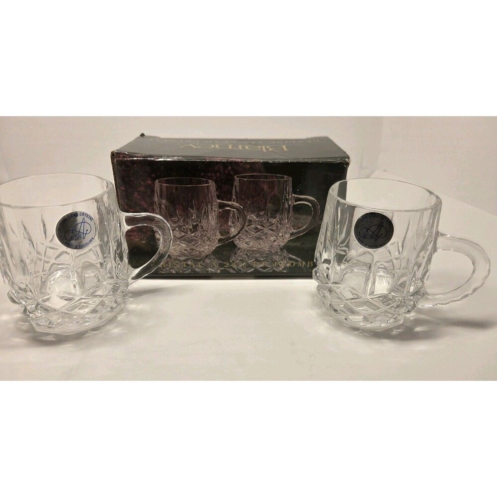 Vintage Blarney Crystal Set of 2 Mini Mugs 5oz 24% Lead Crystal Yugoslavia NOB